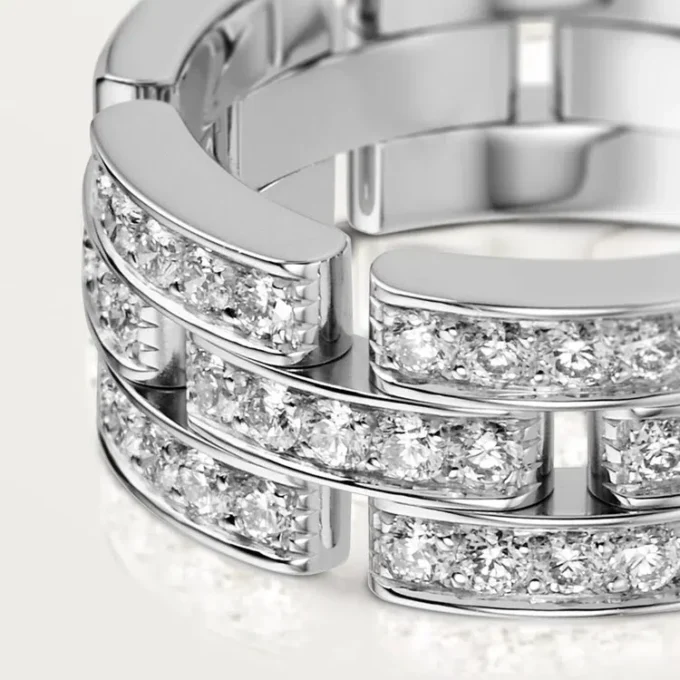 Maillon Panthere Ring, 3 Half Diamond-Paved Rows – White Gold, Diamonds – Cartier