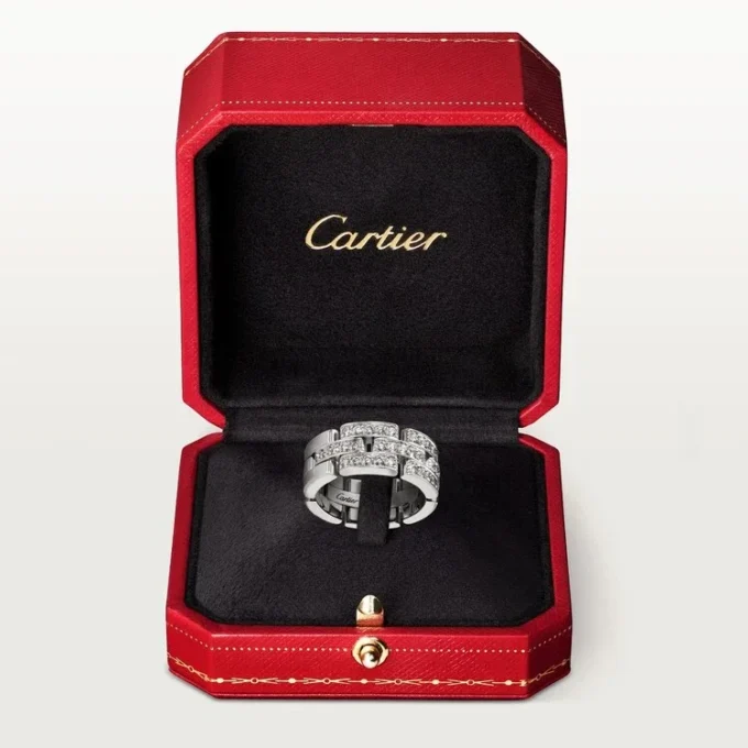 Maillon Panthere Ring, 3 Half Diamond-Paved Rows – White Gold, Diamonds – Cartier
